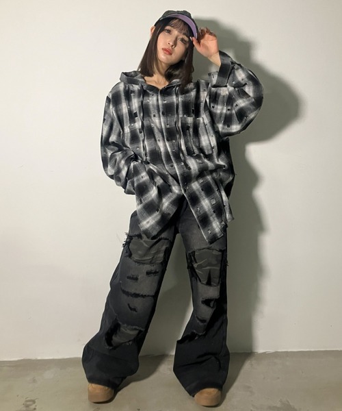 A'gem（エージェム）の「A'GEM/9 × .kom 『A'gem/エージェム』ダメージフードチャックシャツ（シャツ/ブラウス・メンズ・ピンク/ブラック・FREE）」の8枚目の写真