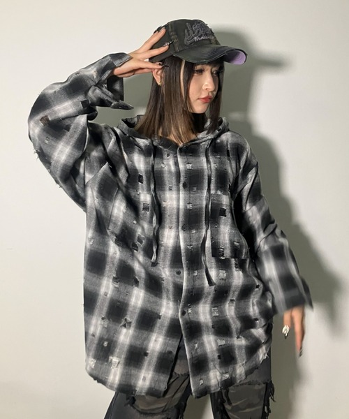 A'gem（エージェム）の「A'GEM/9 × .kom 『A'gem/エージェム』ダメージフードチャックシャツ（シャツ/ブラウス・メンズ・ピンク/ブラック・FREE）」の3枚目の写真