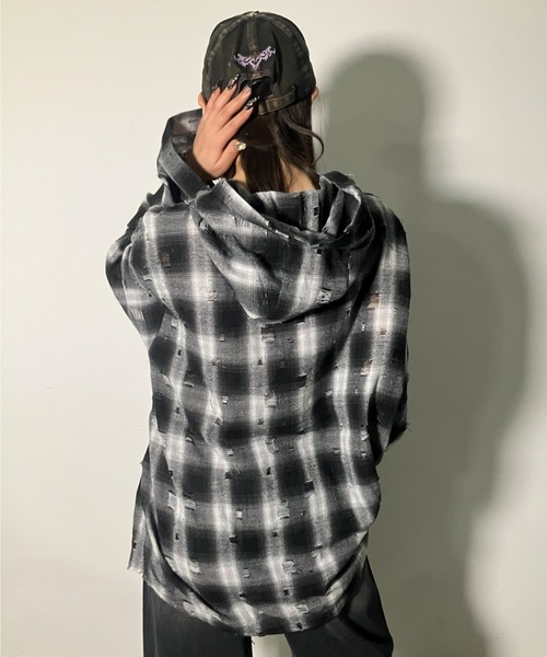 A'gem（エージェム）の「A'GEM/9 × .kom 『A'gem/エージェム』ダメージフードチャックシャツ（シャツ/ブラウス・メンズ・ピンク/ブラック・FREE）」の5枚目の写真