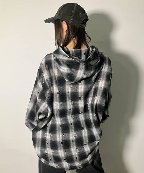 A'gem（エージェム）の「A'GEM/9 × .kom 『A'gem/エージェム』ダメージフードチャックシャツ（シャツ/ブラウス・メンズ・ピンク/ブラック・FREE）」の6枚目の写真