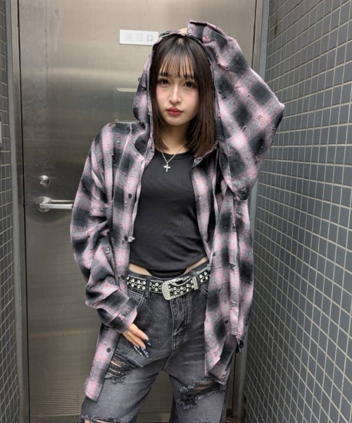 A'gem（エージェム）の「A'GEM/9 × .kom 『A'gem/エージェム』ダメージフードチャックシャツ（シャツ/ブラウス・メンズ・ピンク/ブラック・FREE）」の10枚目の写真