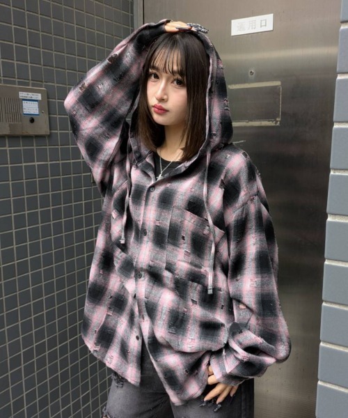 A'gem（エージェム）の「A'GEM/9 × .kom 『A'gem/エージェム』ダメージフードチャックシャツ（シャツ/ブラウス・メンズ・ピンク/ブラック・FREE）」の14枚目の写真