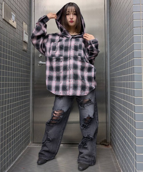 A'gem（エージェム）の「A'GEM/9 × .kom 『A'gem/エージェム』ダメージフードチャックシャツ（シャツ/ブラウス・メンズ・ピンク/ブラック・FREE）」の19枚目の写真