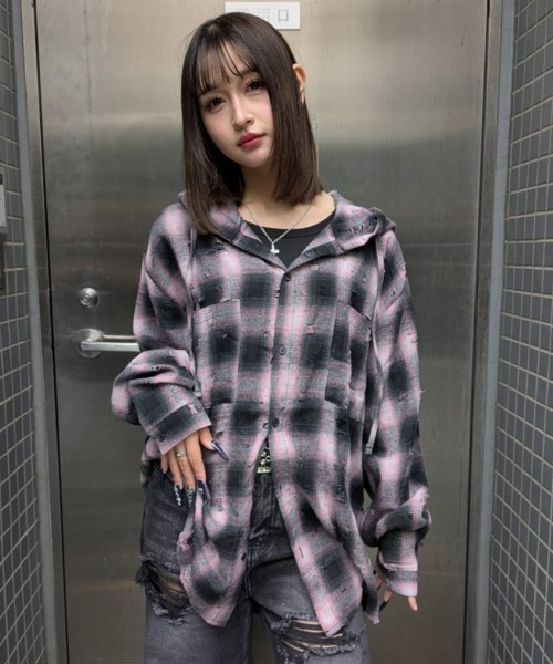 A'gem（エージェム）の「A'GEM/9 × .kom 『A'gem/エージェム』ダメージフードチャックシャツ（シャツ/ブラウス・メンズ・ピンク/ブラック・FREE）」の12枚目の写真