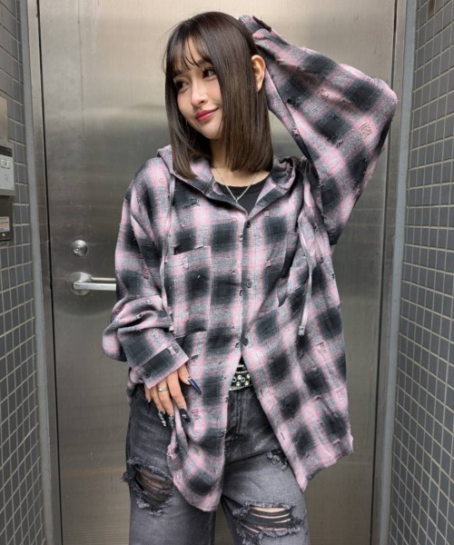 A'gem（エージェム）の「A'GEM/9 × .kom 『A'gem/エージェム』ダメージフードチャックシャツ（シャツ/ブラウス・メンズ・ピンク/ブラック・FREE）」の13枚目の写真