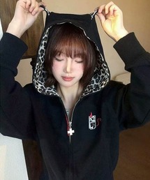 【26年春夏新作】猫耳付き ワンポイント刺繍ジップアップパーカー レオパード/チェック