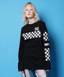 Monkey Flower（モンキーフラワー）の「共用チェッカーボードグラフィックレギュラーフィット長袖Tシャツ/MS1TS06U BLACK（Tシャツ/カットソー）」