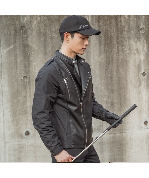 J.JANE(ジェイジェーン)の「メンズレザーウィンドブレーカー (ブラック)(ナイロンジャケット・メンズ・ブラック・M/L/XL/XXL)」の1枚目の写真