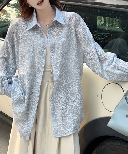 ReRe(リリ)の「フラワーデザイン刺繍シャツ(シャツ/ブラウス・レディース・ブラック/ブルー/グレー/グリーン/ピンク/ホワイト・FREE)」の6枚目の写真