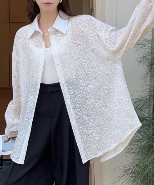 ReRe(リリ)の「フラワーデザイン刺繍シャツ(シャツ/ブラウス・レディース・ブラック/ブルー/グレー/グリーン/ピンク/ホワイト・FREE)」の8枚目の写真
