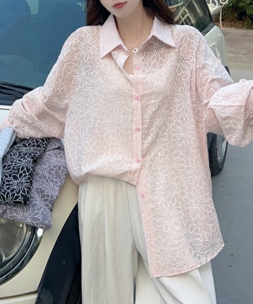 ReRe(リリ)の「フラワーデザイン刺繍シャツ(シャツ/ブラウス・レディース・ブラック/ブルー/グレー/グリーン/ピンク/ホワイト・FREE)」の12枚目の写真