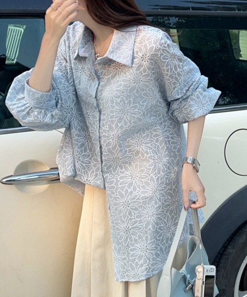 ReRe(リリ)の「フラワーデザイン刺繍シャツ(シャツ/ブラウス・レディース・ブラック/ブルー/グレー/グリーン/ピンク/ホワイト・FREE)」の15枚目の写真