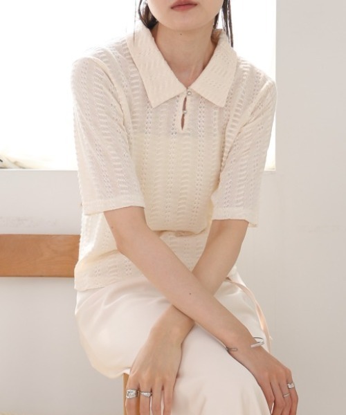 Bab(バブ)の「カットレースポロTシャツ(Tシャツ/カットソー・レディース・アイボリー/ブラウン/サックスブルー・FREE)」の1枚目の写真