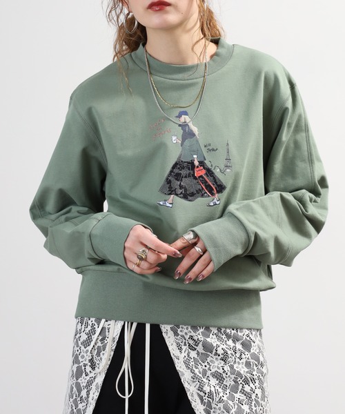 EGLANTINE(エグランティーヌ)の「EGLANTINE イラストプリント長袖カットソー(Tシャツ/カットソー・レディース・グリーン・38)」の1枚目の写真