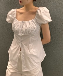 AMAJI | コットン スクエアネック パフスリーブブラウス バックリボン 半袖 すっきりシルエット(シャツ/ブラウス)