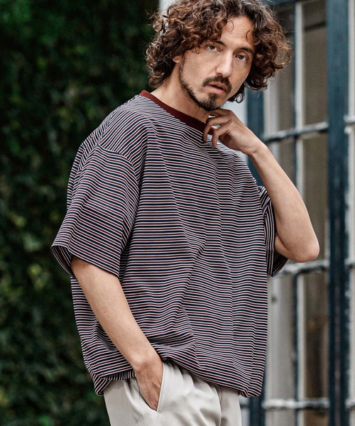 CAMBIO(カンビオ)の「mt10492- マルチボーダースピンドルTシャツ(Tシャツ/カットソー・メンズ・ワイン/カーキ/ベージュ・XL/L/M)」の9枚目の写真