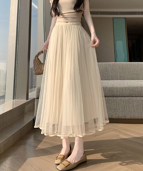 2ly2(トゥーリートゥー)の「チュールプリーツロングスカート フレア ウエストゴム Aライン 透け感 レイヤード マキシ丈(スカート・レディース・ベージュ/ブラック/ブラウン・FREE)」の13枚目の写真