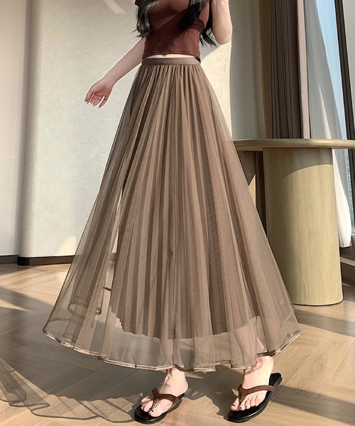 2ly2(トゥーリートゥー)の「チュールプリーツロングスカート フレア ウエストゴム Aライン 透け感 レイヤード マキシ丈(スカート・レディース・ベージュ/ブラック/ブラウン・FREE)」の19枚目の写真