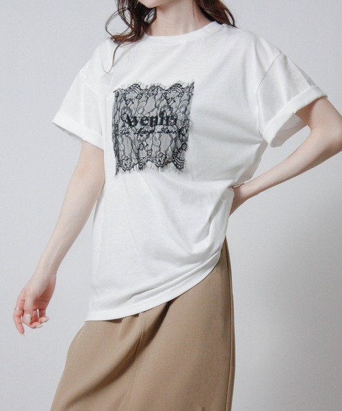 Social GIRL(ソーシャルガール)の「レースロゴ刺繍Tシャツ 半袖Tシャツ ロゴTシャツ(Tシャツ/カットソー・レディース・オフホワイト/チャコール/ブラック・M)」の4枚目の写真