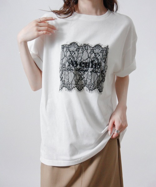 Social GIRL(ソーシャルガール)の「レースロゴ刺繍Tシャツ 半袖Tシャツ ロゴTシャツ(Tシャツ/カットソー・レディース・オフホワイト/チャコール/ブラック・M)」の7枚目の写真