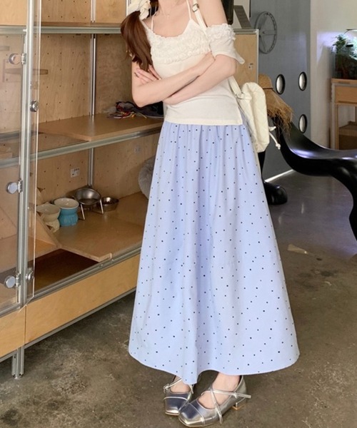 SHOUYO(ショウヨウ)の「ドット柄フレアロングスカート(スカート・レディース・ブラック/ホワイト/ブルー・M)」の9枚目の写真