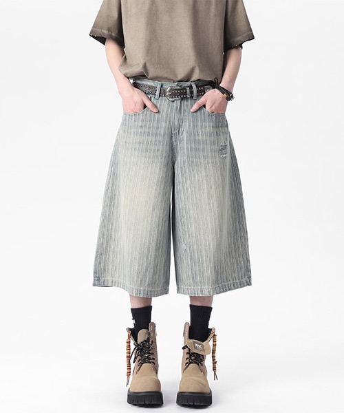 Ressaca(レサーカ)の「ダメージ加工ストライプデニムショートパンツ(デニムパンツ・メンズ・ブルー/ブラック・XL/L/M)」の4枚目の写真
