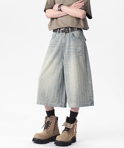 Ressaca(レサーカ)の「ダメージ加工ストライプデニムショートパンツ(デニムパンツ・メンズ・ブルー/ブラック・XL/L/M)」の5枚目の写真