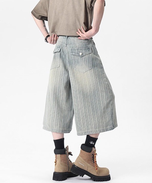 Ressaca(レサーカ)の「ダメージ加工ストライプデニムショートパンツ(デニムパンツ・メンズ・ブルー/ブラック・XL/L/M)」の3枚目の写真