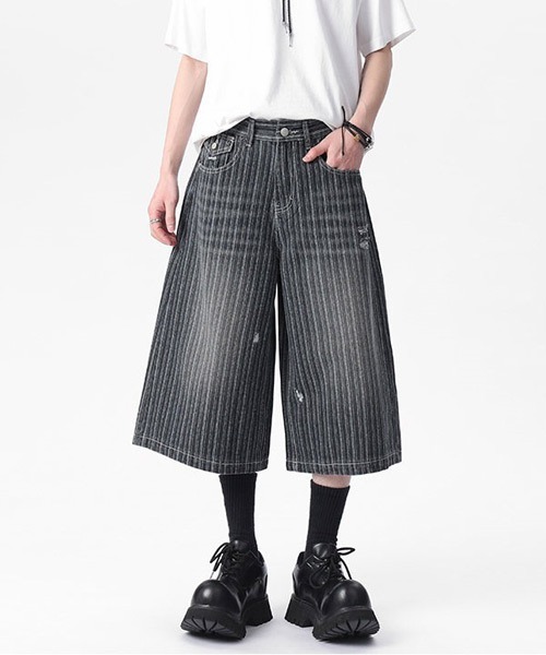Ressaca(レサーカ)の「ダメージ加工ストライプデニムショートパンツ(デニムパンツ・メンズ・ブルー/ブラック・XL/L/M)」の14枚目の写真