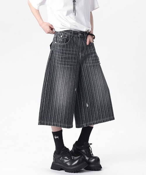 Ressaca(レサーカ)の「ダメージ加工ストライプデニムショートパンツ(デニムパンツ・メンズ・ブルー/ブラック・XL/L/M)」の10枚目の写真