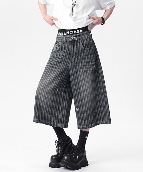 Ressaca(レサーカ)の「ダメージ加工ストライプデニムショートパンツ(デニムパンツ・メンズ・ブルー/ブラック・XL/L/M)」の12枚目の写真