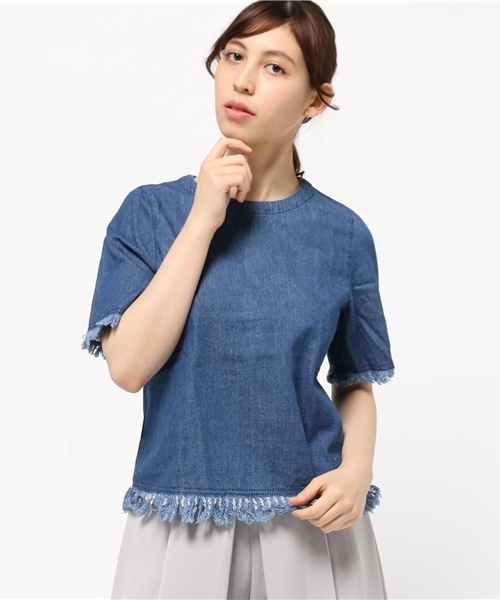 koe(コエ)の「フリンジデニムプルオーバー(シャツ/ブラウス・レディース・インディゴブルー/オフホワイト・SMALL/LARGE/MEDIUM)」の7枚目の写真