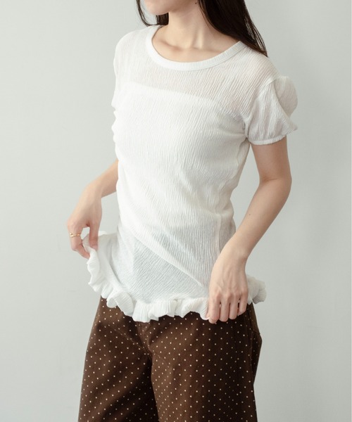 on:nue（オンニュ）の「【on:nue】[大好評大人ギャザーシリーズ 半袖登場！/ 着用動画あり！]パフスリーブギャザーフリルヘムトップス（Tシャツ/カットソー・レディース・ミント/ネイビー/ホワイト/ピンク・FREE）」の7枚目の写真