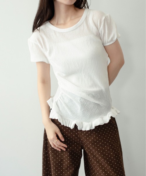on:nue（オンニュ）の「【on:nue】[大好評大人ギャザーシリーズ 半袖登場！/ 着用動画あり！]パフスリーブギャザーフリルヘムトップス（Tシャツ/カットソー・レディース・ミント/ネイビー/ホワイト/ピンク・FREE）」の11枚目の写真