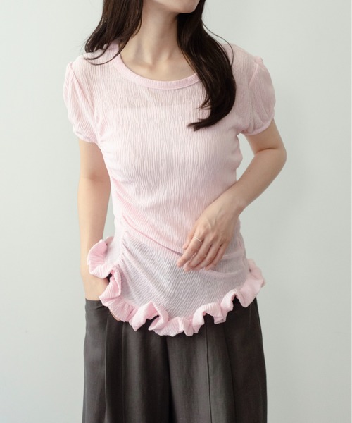 on:nue（オンニュ）の「【on:nue】[大好評大人ギャザーシリーズ 半袖登場！/ 着用動画あり！]パフスリーブギャザーフリルヘムトップス（Tシャツ/カットソー・レディース・ミント/ネイビー/ホワイト/ピンク・FREE）」の19枚目の写真