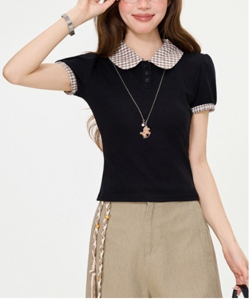 &soiree(アンドソワレ)の「ラウンドカラーチェック柄半袖トップス(Tシャツ/カットソー・レディース・ブラック・LARGE/MEDIUM/SMALL)」の1枚目の写真