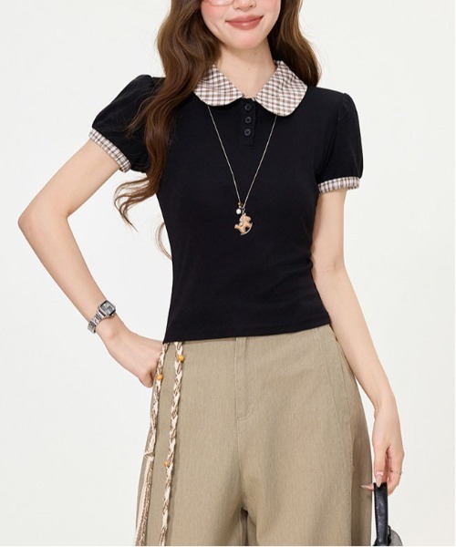 &soiree(アンドソワレ)の「ラウンドカラーチェック柄半袖トップス(Tシャツ/カットソー・レディース・ブラック・LARGE/MEDIUM/SMALL)」の2枚目の写真