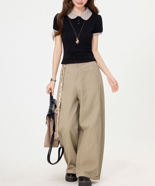 &soiree(アンドソワレ)の「ラウンドカラーチェック柄半袖トップス(Tシャツ/カットソー・レディース・ブラック・LARGE/MEDIUM/SMALL)」の4枚目の写真