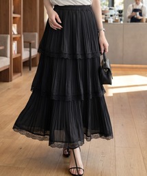 プリーツスカート ロング ティアード 裾レース シアー ウエストゴム フェミニン 大人かわいい 秋 冬