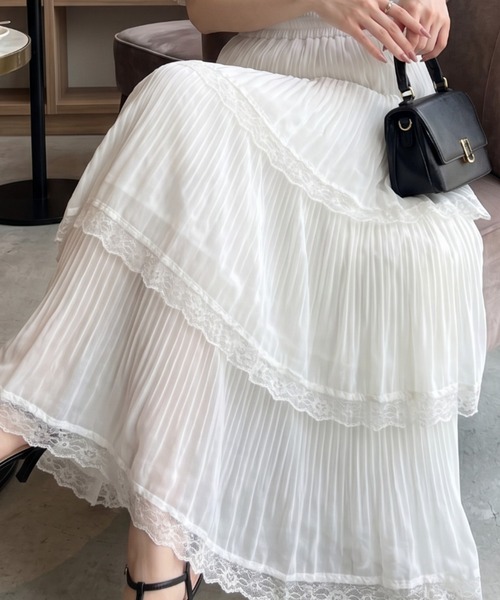 umune(ウムネ)の「プリーツスカート ロング ティアード 裾レース シアー ウエストゴム フェミニン 大人かわいい 秋 冬(スカート・レディース・ブラック/ラベンダー/オフホワイト・FREE)」の8枚目の写真