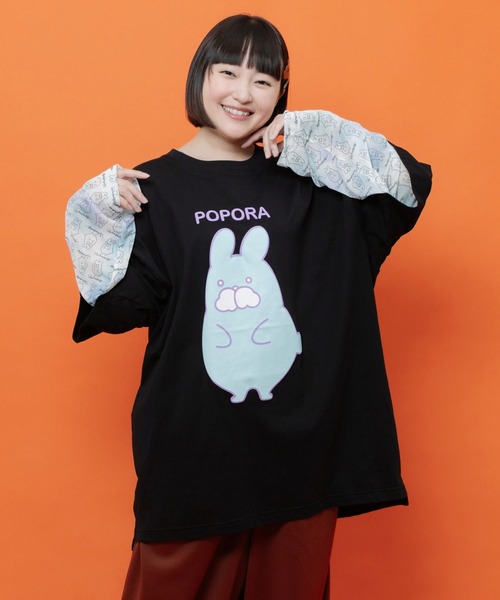 ScoLar(スカラー)の「362129:ポンポン ポポラ柄Tシャツ(Tシャツ/カットソー・レディース・オレンジ/オフホワイト/グリーン/ブラック・M)」の5枚目の写真