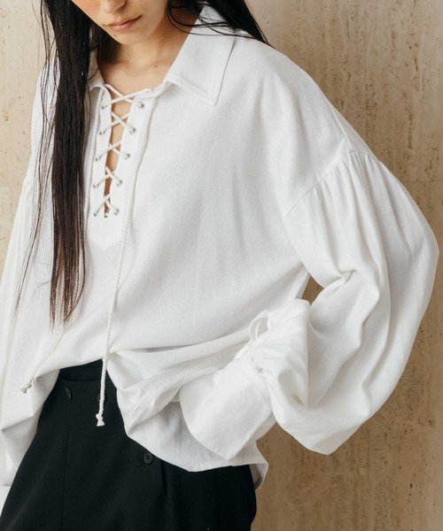 CREDONA(クレドナ)の「LACE UP BLOUSE/レースアップブラウス(シャツ/ブラウス・レディース・ネイビー/オフホワイト・FREE)」の10枚目の写真