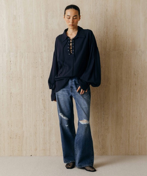 CREDONA(クレドナ)の「LACE UP BLOUSE/レースアップブラウス(シャツ/ブラウス・レディース・ネイビー/オフホワイト・FREE)」の4枚目の写真