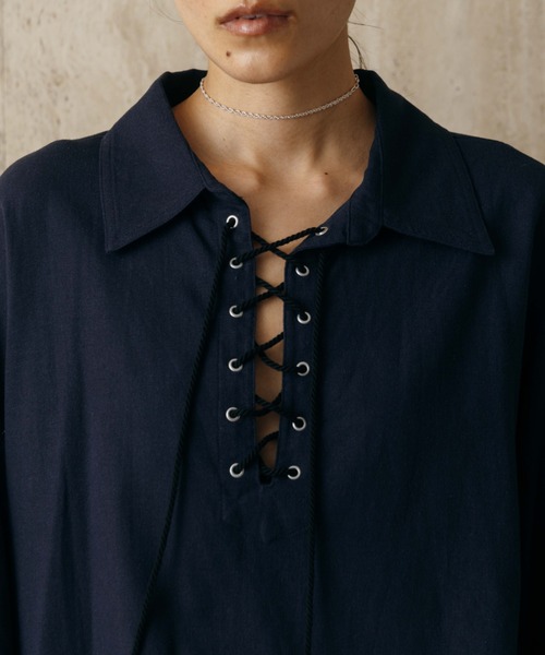 CREDONA(クレドナ)の「LACE UP BLOUSE/レースアップブラウス(シャツ/ブラウス・レディース・ネイビー/オフホワイト・FREE)」の15枚目の写真