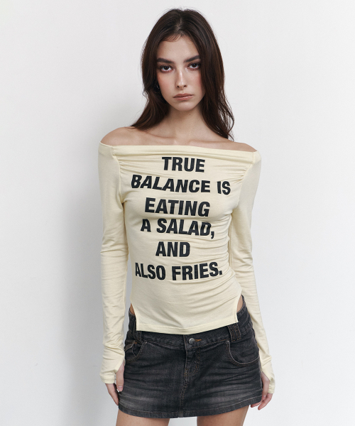 PLEASENOFOLLOW(プリーズノーフォロー)の「Kacy Lettering Long Off-Shoulder Top (Lemon)(Tシャツ/カットソー・レディース・その他・FREE)」の2枚目の写真