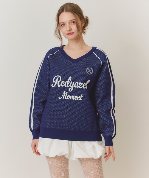 REDYAZEL(レディアゼル)の「ロゴメッシュニット×バルーンショートパンツセットアップ(セットアップ・レディース・ライトグレー/ネイビー/ブラウン・FREE)」の1枚目の写真