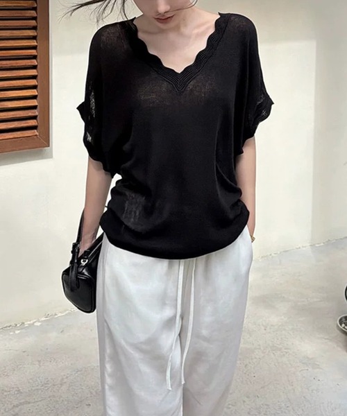 Girly Doll(ガーリードール)の「ウェーブカット半袖ドルマンニット(Tシャツ/カットソー・レディース・ブラック/グレー/ホワイト・FREE)」の1枚目の写真