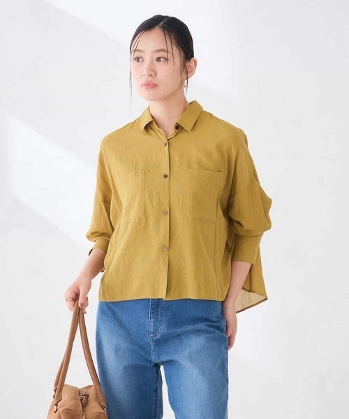 a.v.v(アーヴェヴェ)の「シアー クロップドバックタック シャツ 【洗える】(シャツ/ブラウス・レディース・マスタード/ブラック/ブラウン/グリーン・40/38)」の1枚目の写真