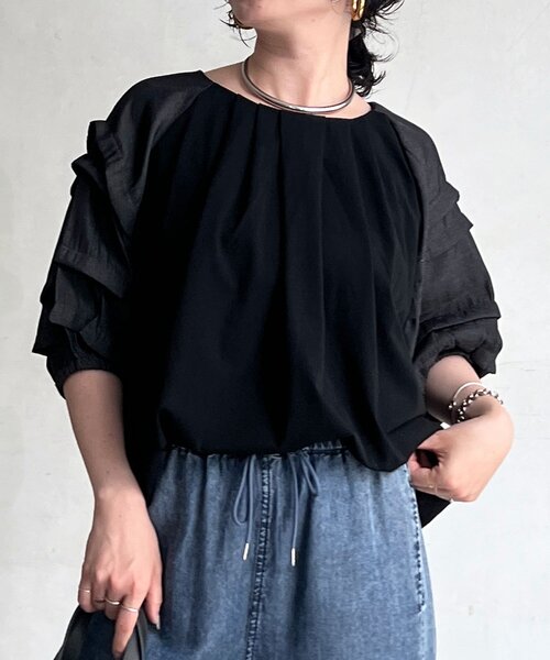un dix cors（アンディコール）の「デニム×カットソー切り替えプルオーバー（Tシャツ/カットソー・レディース・モカ/ブラック/ネイビー・FREE）」の2枚目の写真