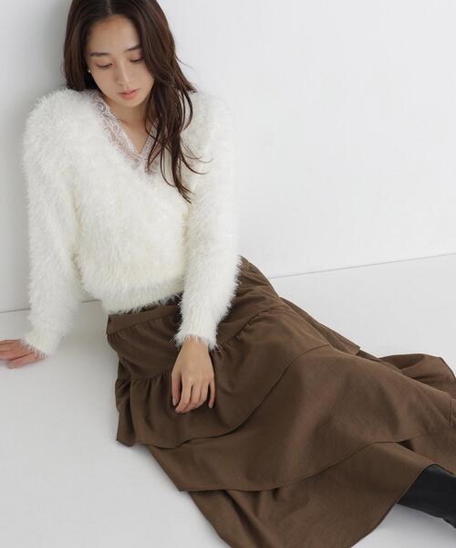 NATURAL BEAUTY BASIC(ナチュラルビューティーベーシック)の「アシンメトリーティアードスカート(スカート・レディース・ブラック/ブラウン/オフホワイト・MEDIUM/SMALL)」の1枚目の写真